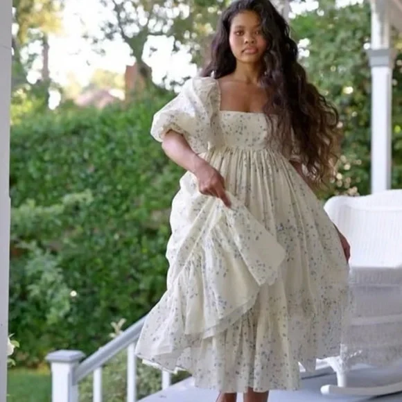 Selkie Blue Vine French Puff Dress - Picture 1 of 6